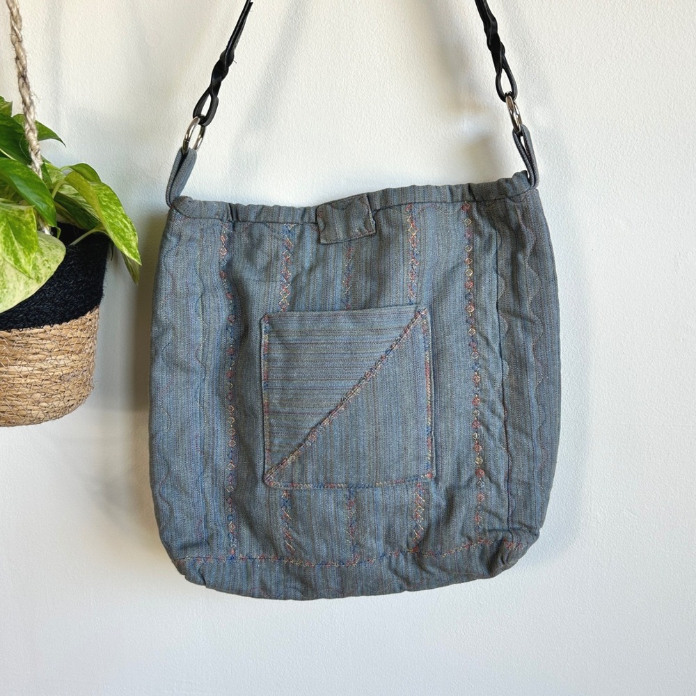 Boho Quilted Embroidered Blue Striped Hobo Shoulder Bag Cottagecore Patchwork